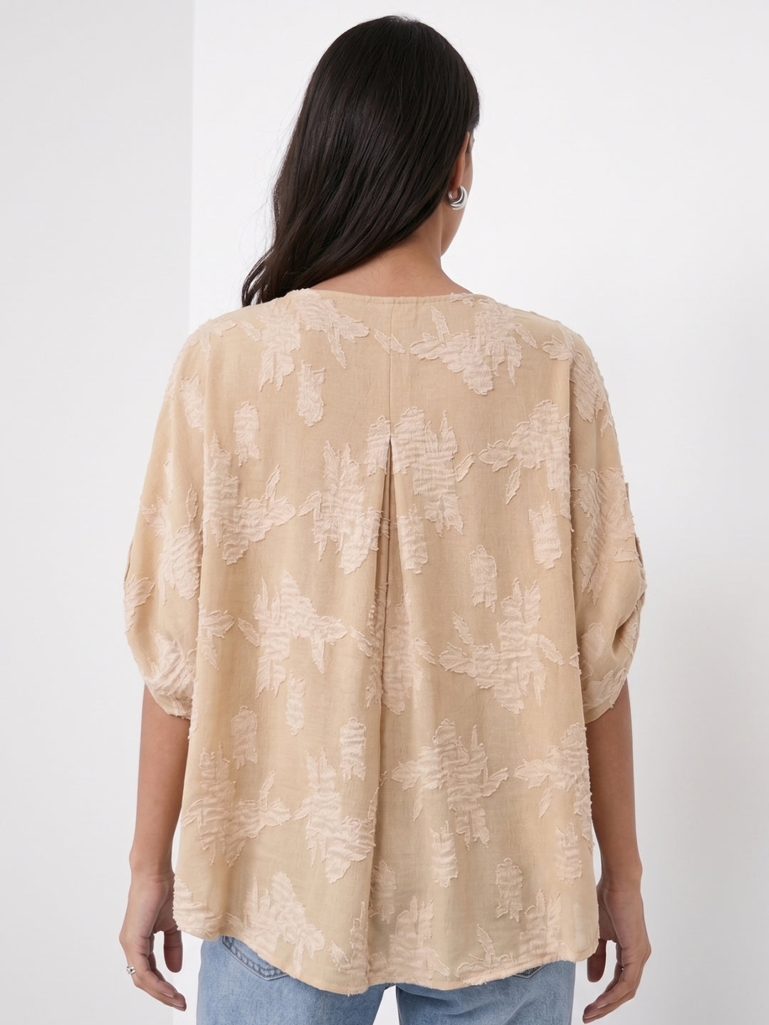 Beige V Neck Textured Top