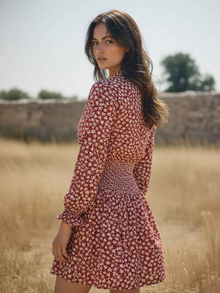 Wine Bishop Sleeve Waist Fitted Printed Dress