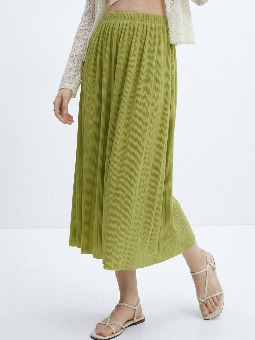Green Plisse Midi Skirt