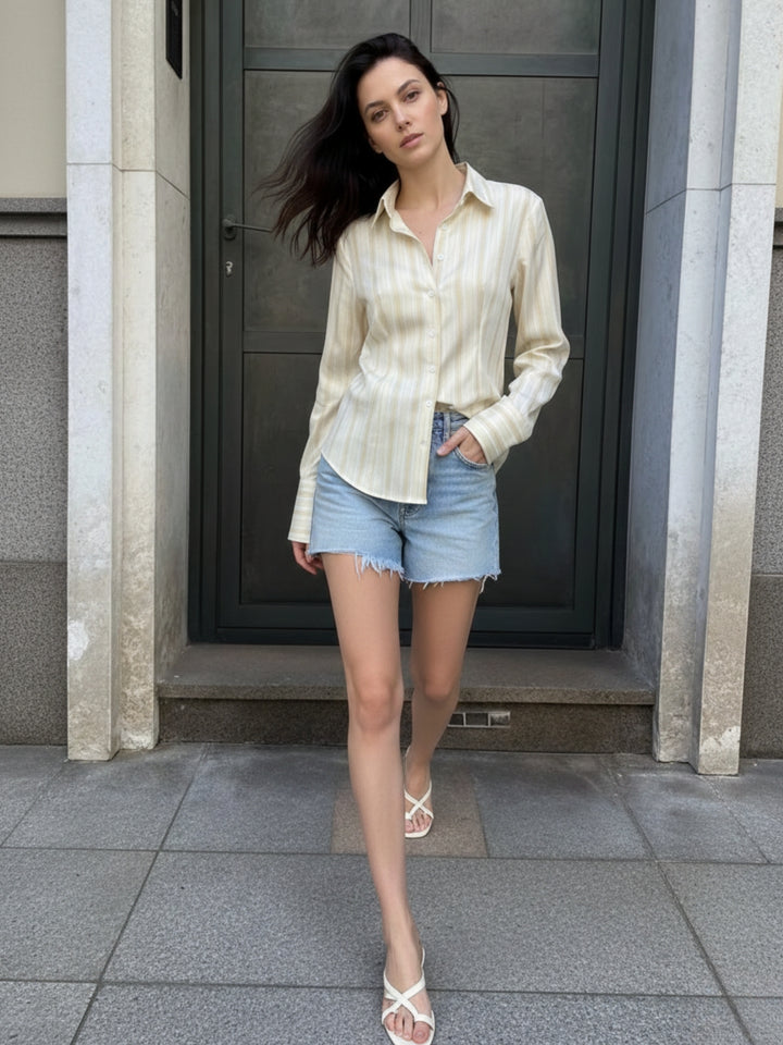 Yellow Full Sleeve Fitted Striped Shirt