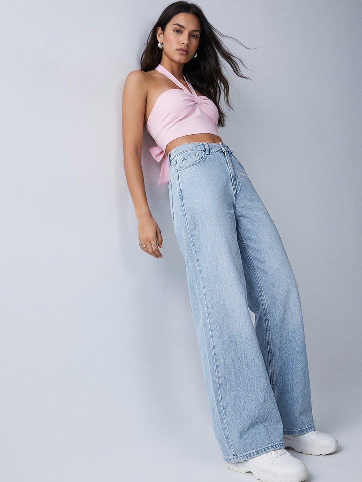 Light Blue Wide Leg Jeans With Bow Embroidery At Back Pocket