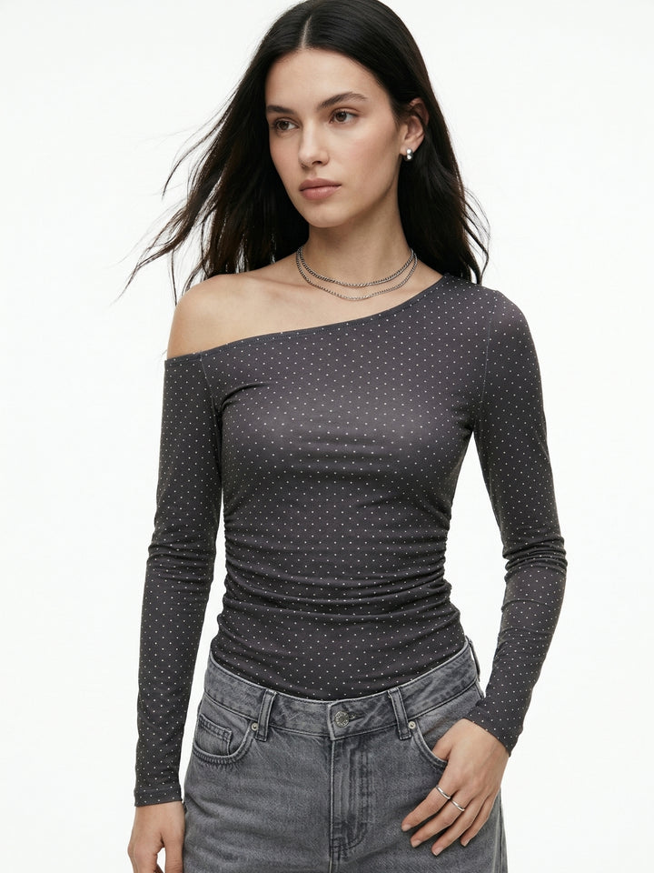 Charcoal One Shoulder Polka Printed Top