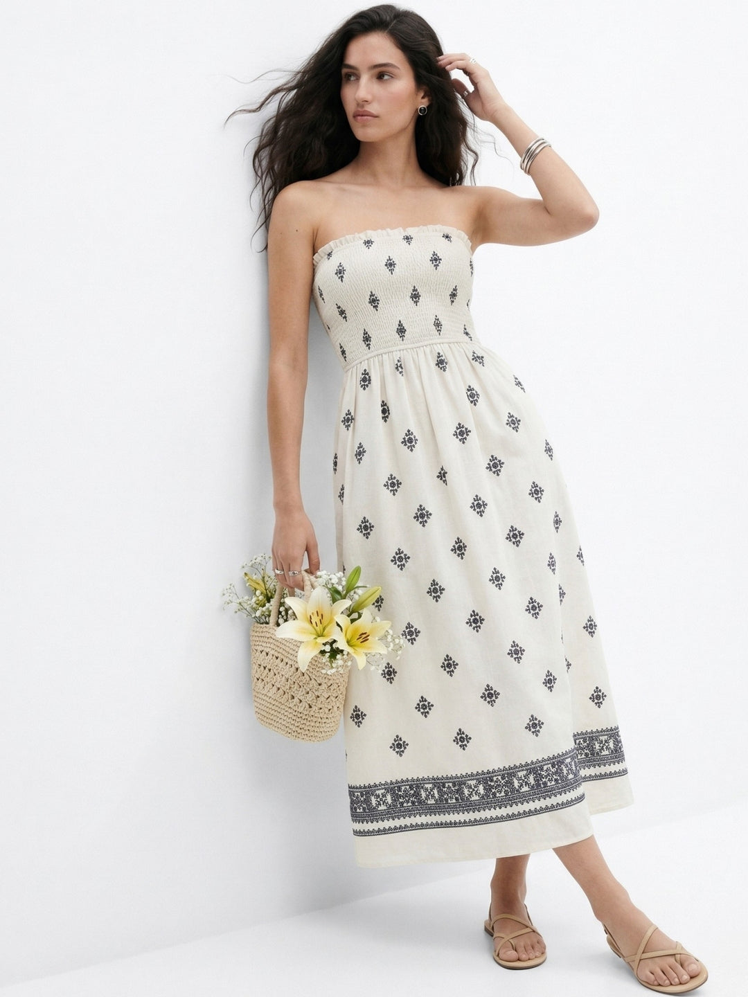 White Off Shoulder Printed Dress