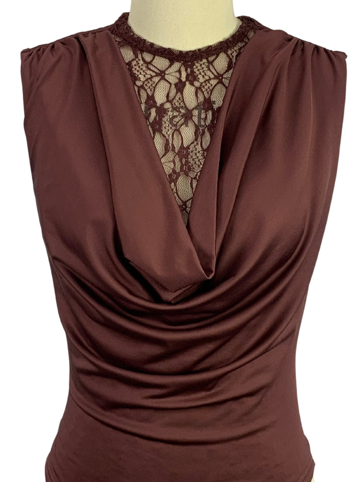 Brown Cowl Neck Top With Lace Inserts
