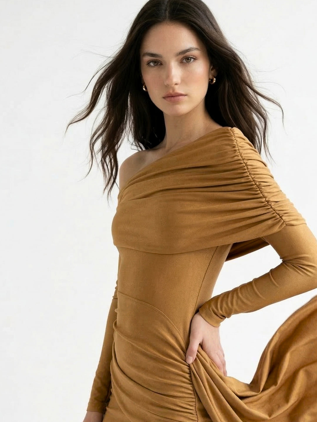 Brown One Shoulder Waist Detail Dress