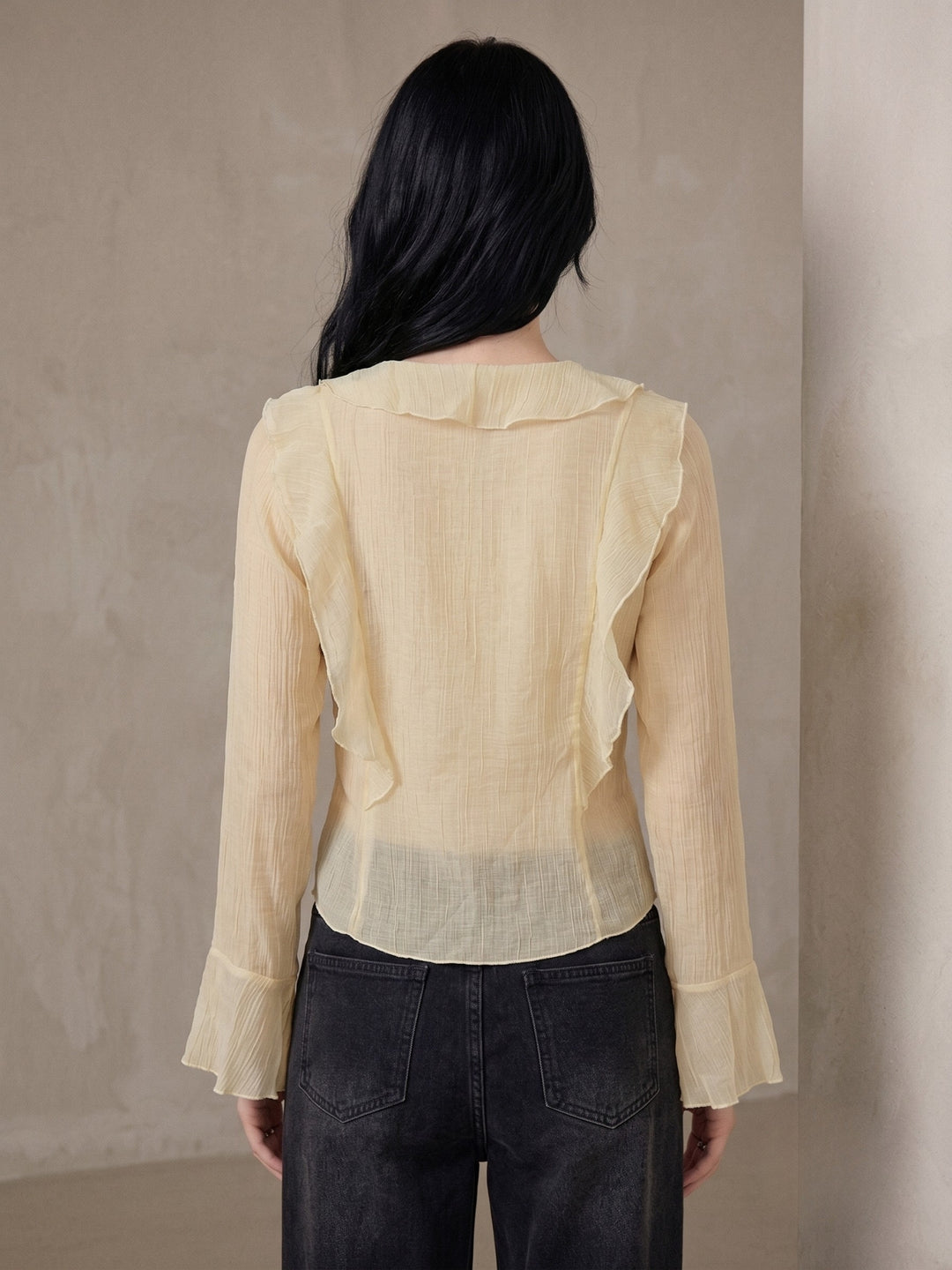 Yellow Button Down Detailed Blouse With Ruffles