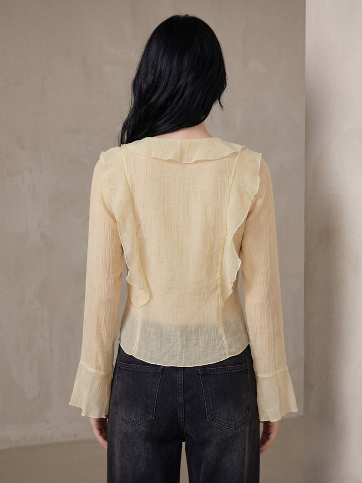 Yellow Button Down Detailed Blouse With Ruffles