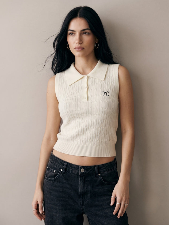 Off White Cable Textured Polo Top With Bow Embroidery