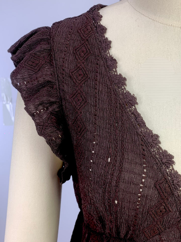 Brown Ruffle Sleeve Lace Detail Top