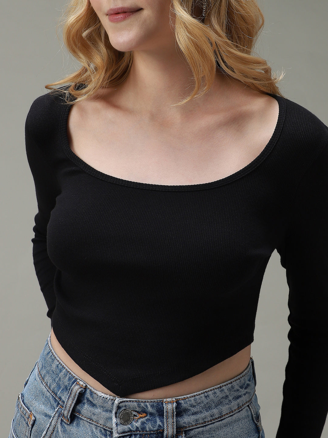 Black Assymetric Hem Scoop Neck Knit Top