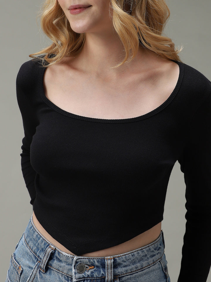 Black Assymetric Hem Scoop Neck Knit Top