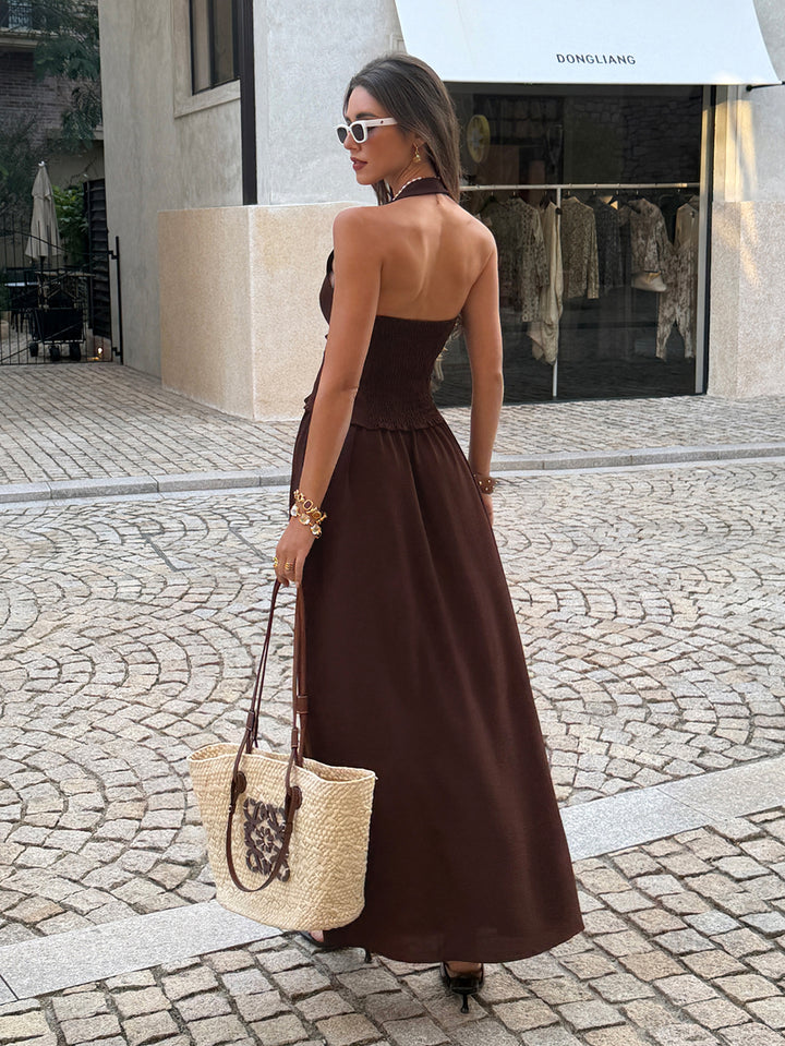 Brown Halter Neck Front Buttoned Top And Pant Set