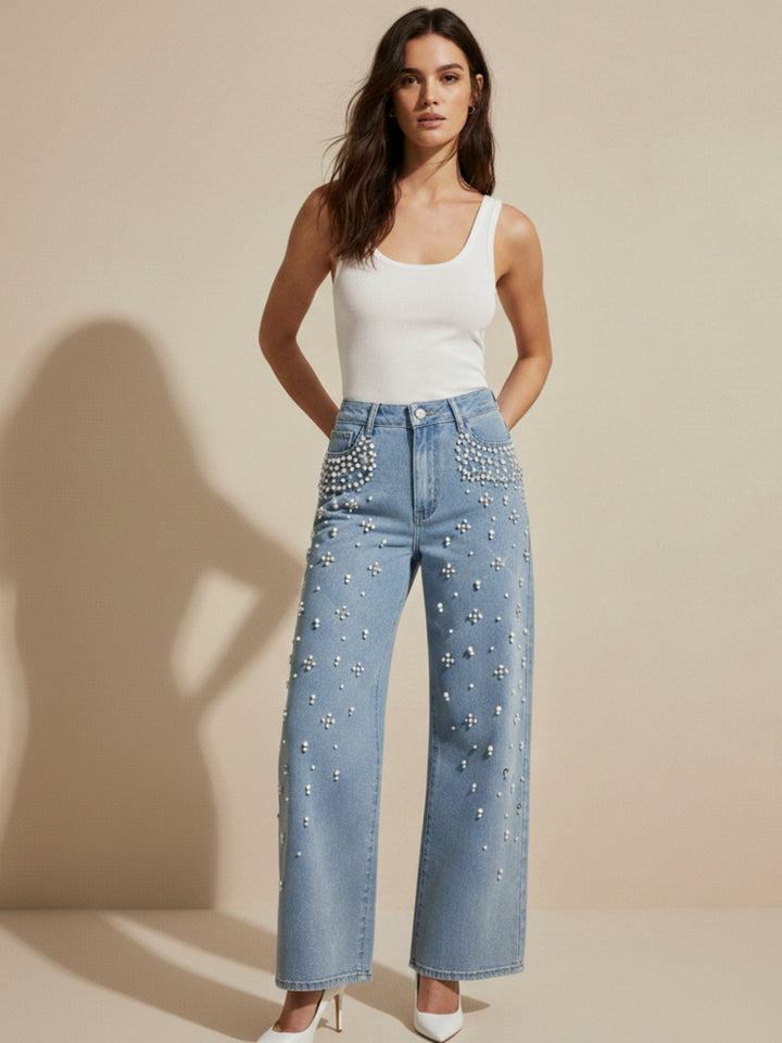 Light Blue Multi Studded Wide Leg Denim