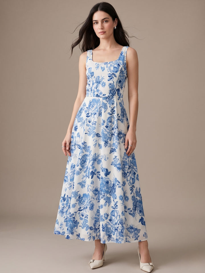 Blue Maxi Length Printed Dress In Jacquard Satin Fabric
