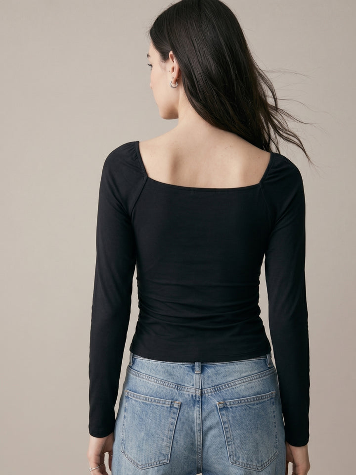 Black Square Studded Neck Top With Sheer Sleeves