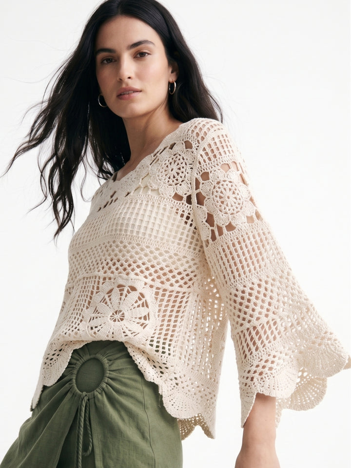 Cream Bell Sleeve Crochet Cover-Up