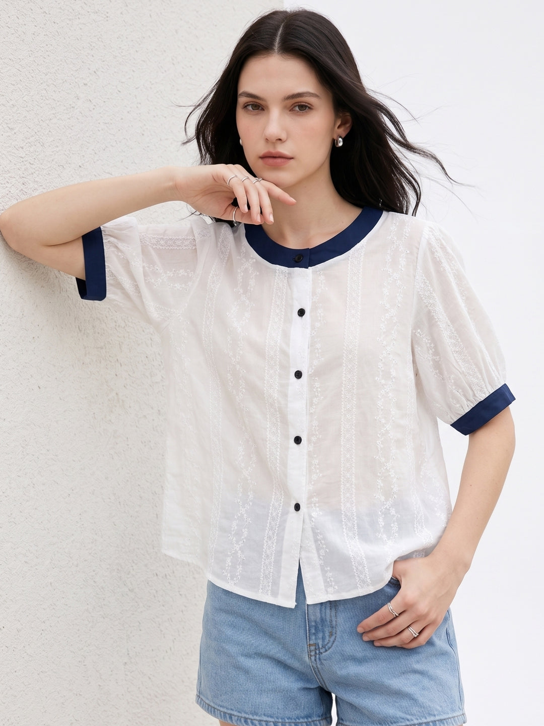 White Sheer Top With Contrast Binding