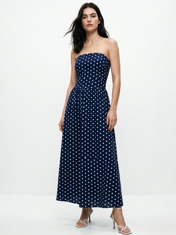 Navy Blue Tube Polka Printed Dress