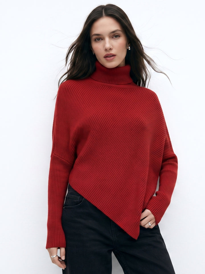 Red Full Sleeve Turtle Neck Asymmetrical Hem Sweater