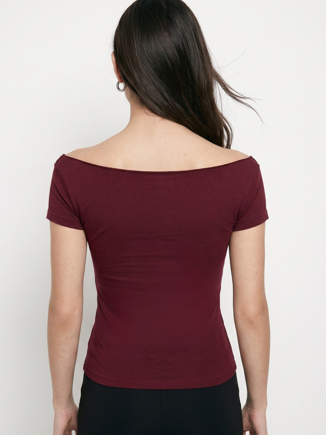 Maroon Off-Shoulder Raw Edge Printed T-Shirt