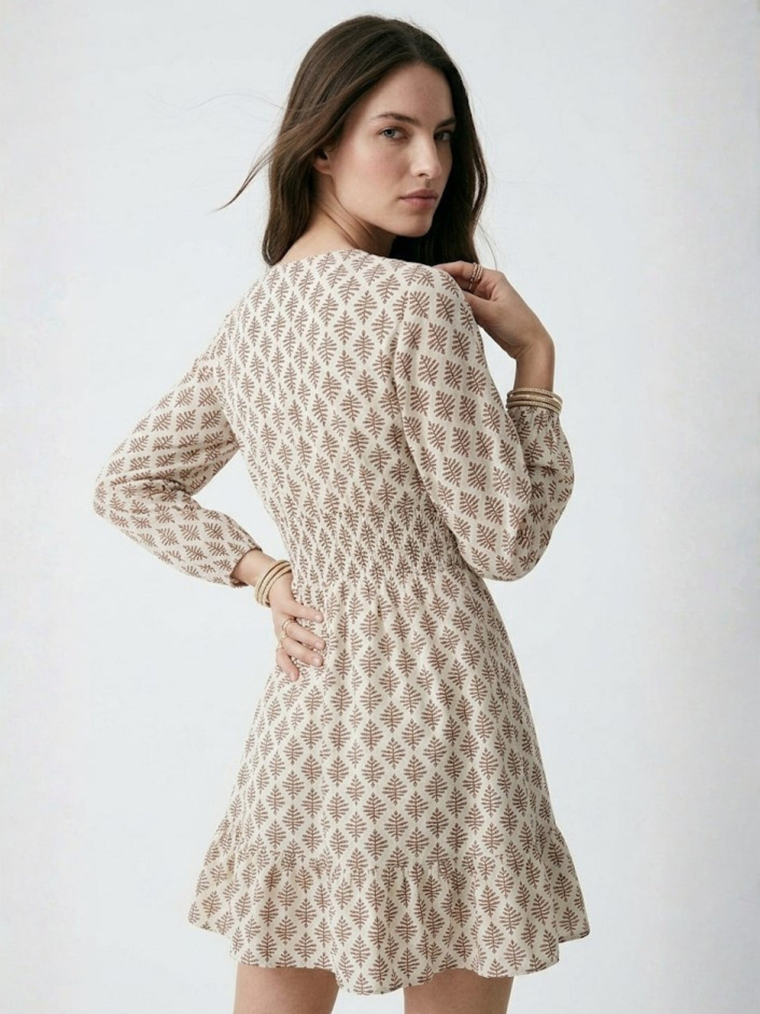 Off White Bishop Sleeve V Neck Printed Dress