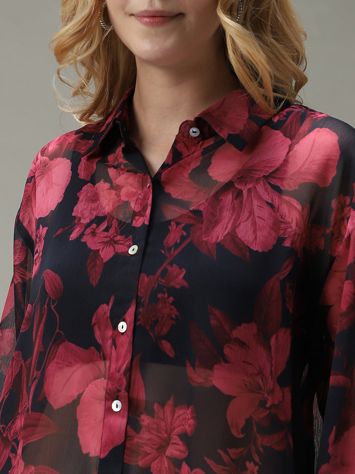 Black Floral Printed Longline Shirt