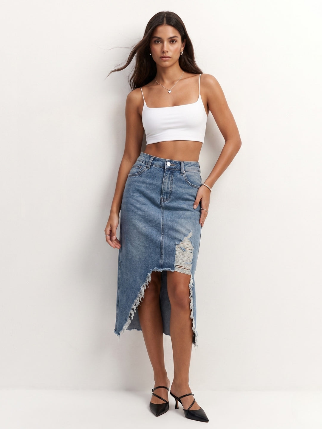 Light Blue Frayed Asymmetrical Hem Skirts