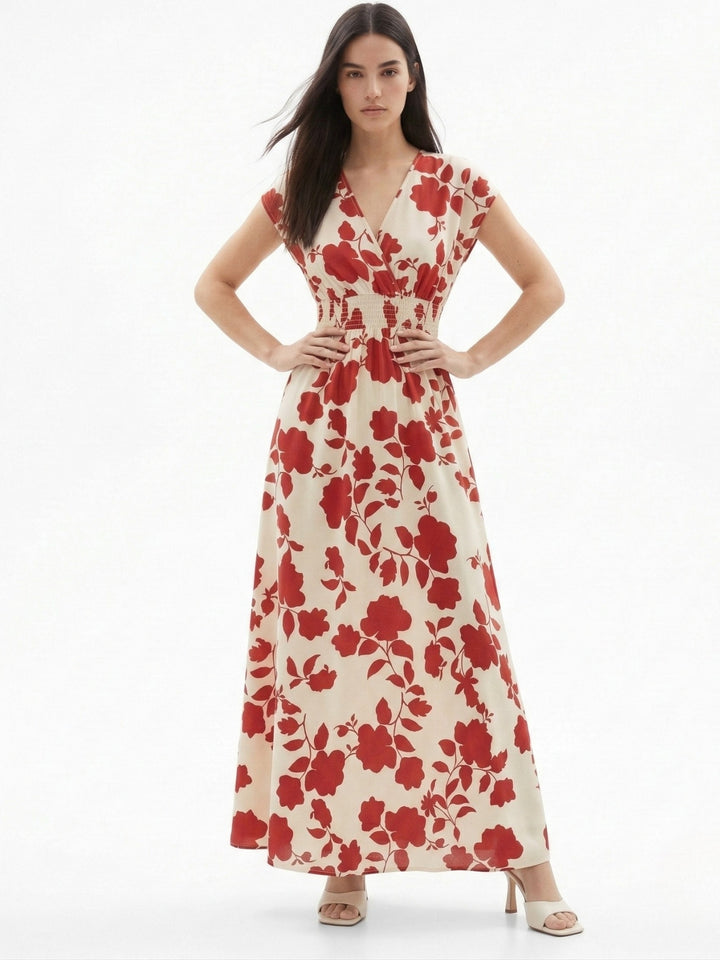 Cream Short Sleeve V Neck Floral Dress