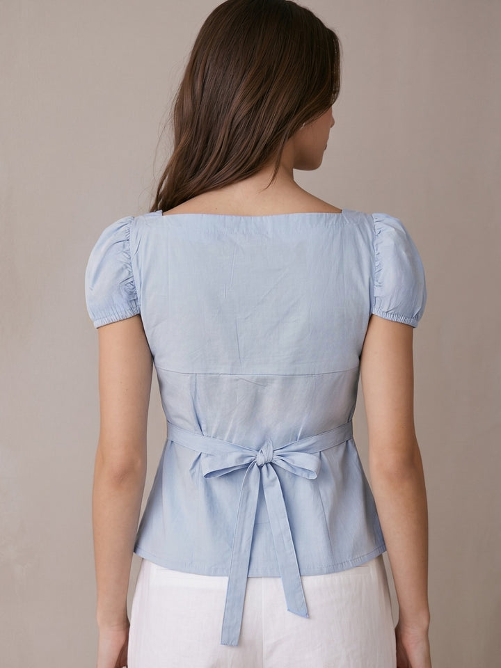 Blue Tie-Up Neck Puff Sleeve Top