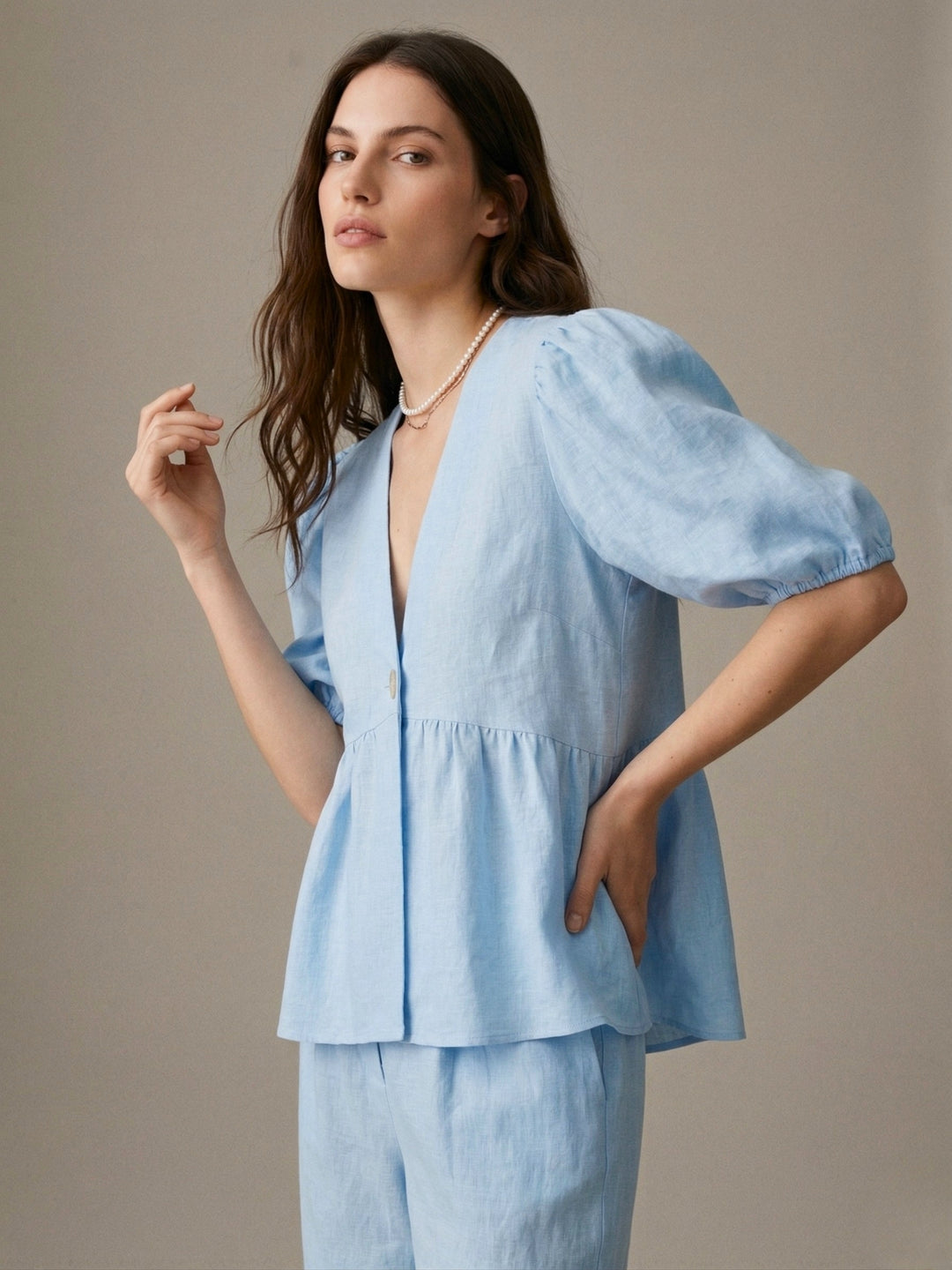 Blue Puff Sleeve V Neck Flared Top And Pant Set