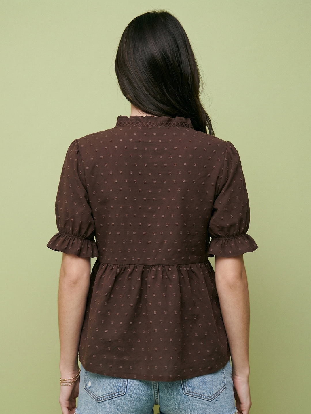 Brown Ruffle Sleeve V Neck Top