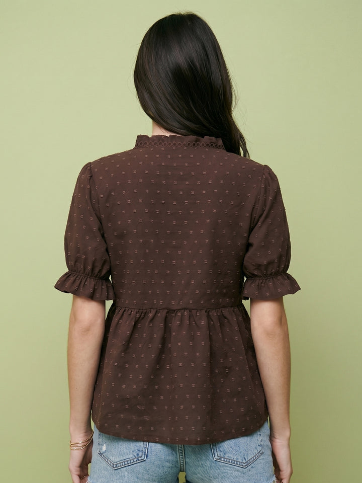 Brown Ruffle Sleeve V Neck Top