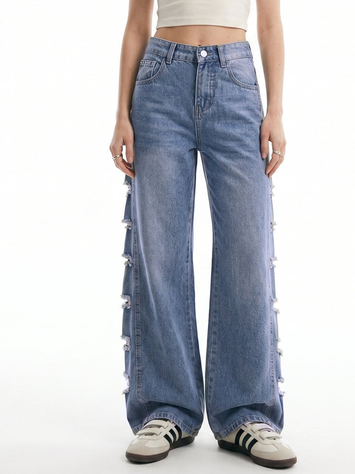 Blue Side Panel Distressed Baggy Fit Denim
