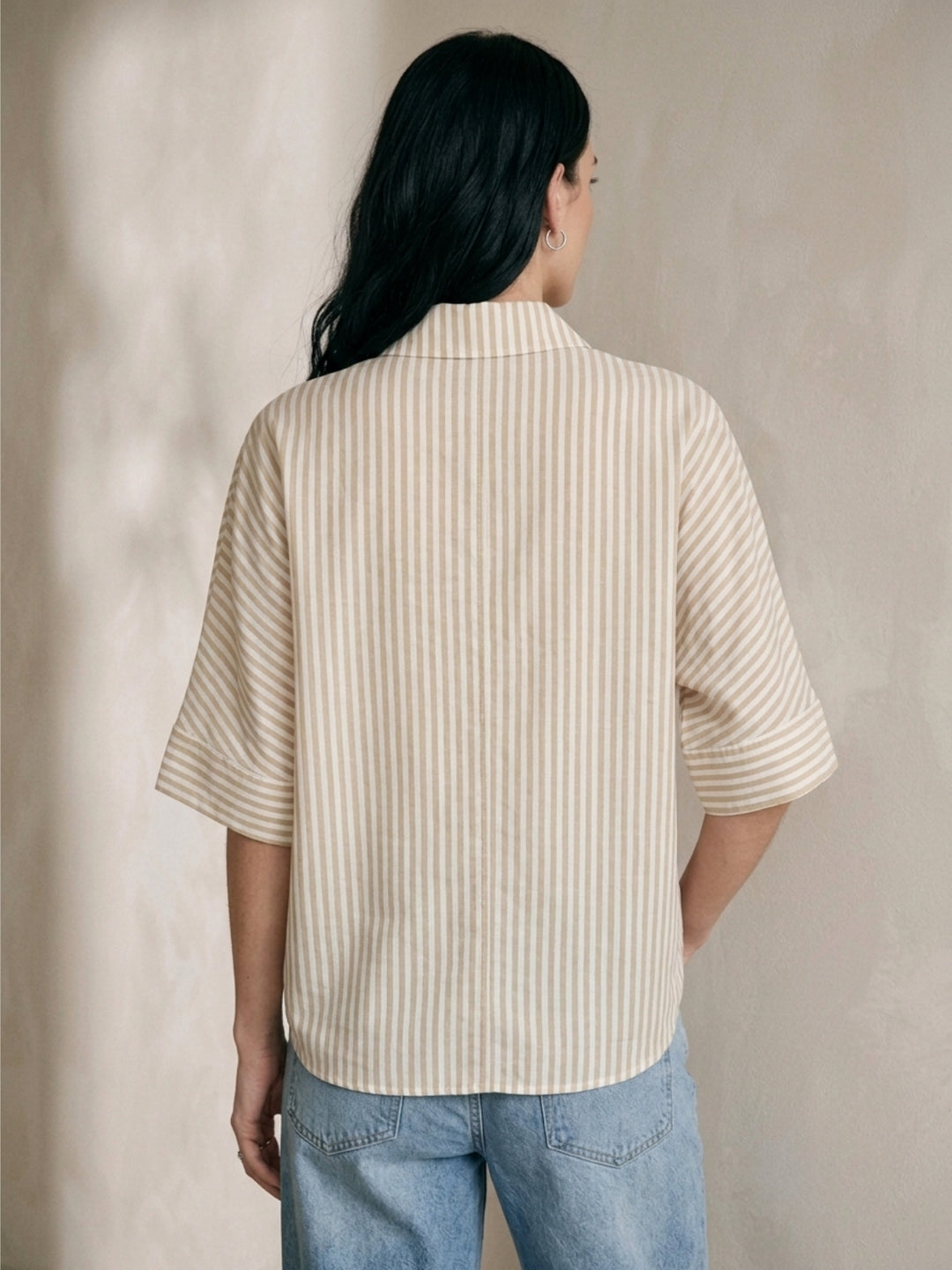 Beige Button Down Oversized Striped Shirt