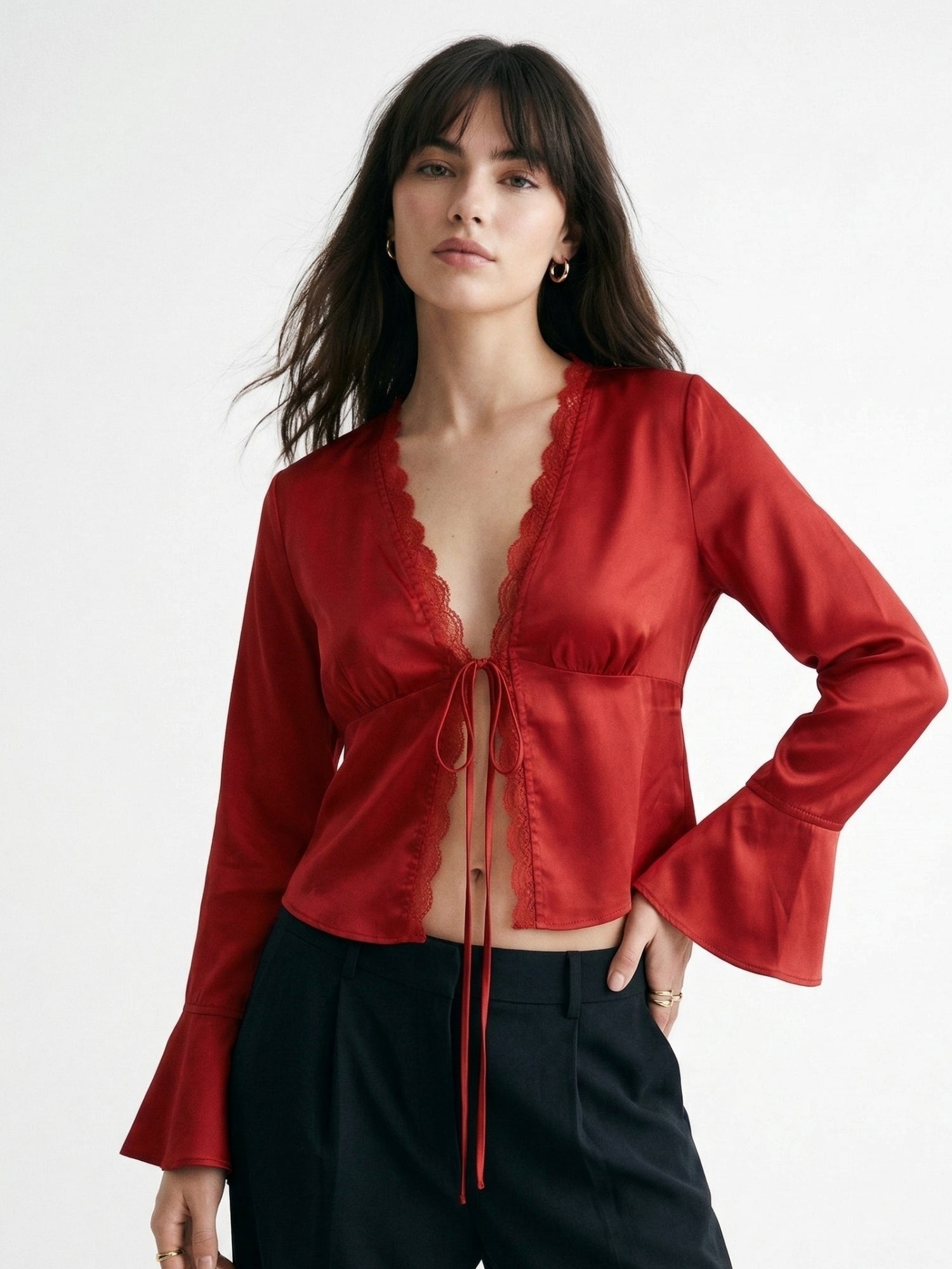 Red Bell Sleeves Front Tie-Up Lace Top