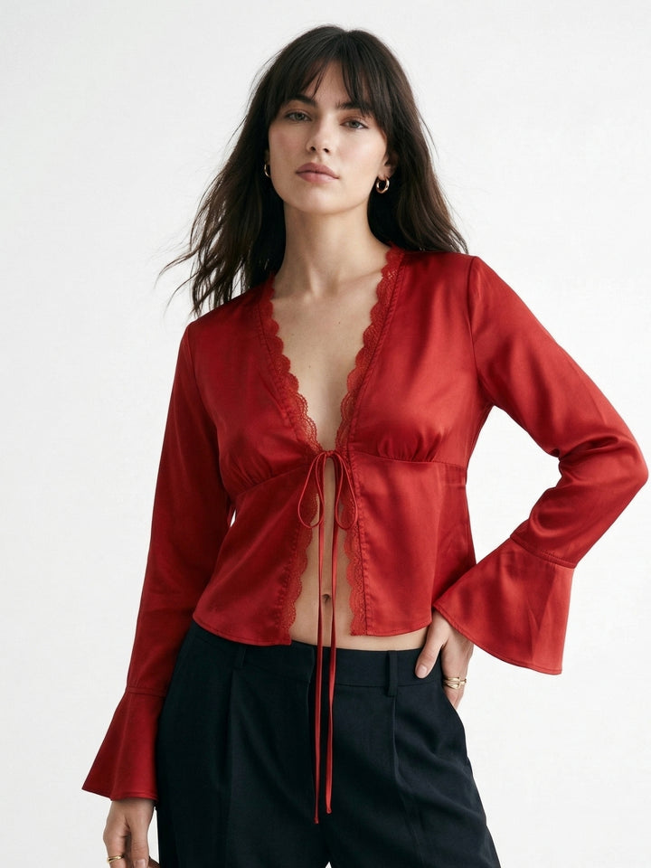 Red Bell Sleeves Front Tie-Up Lace Top