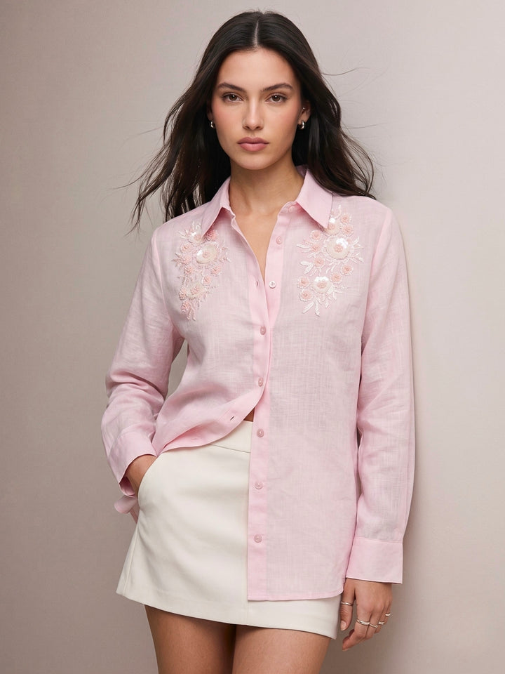 Pink Embroidered Pink Blouse In Satin Fabric
