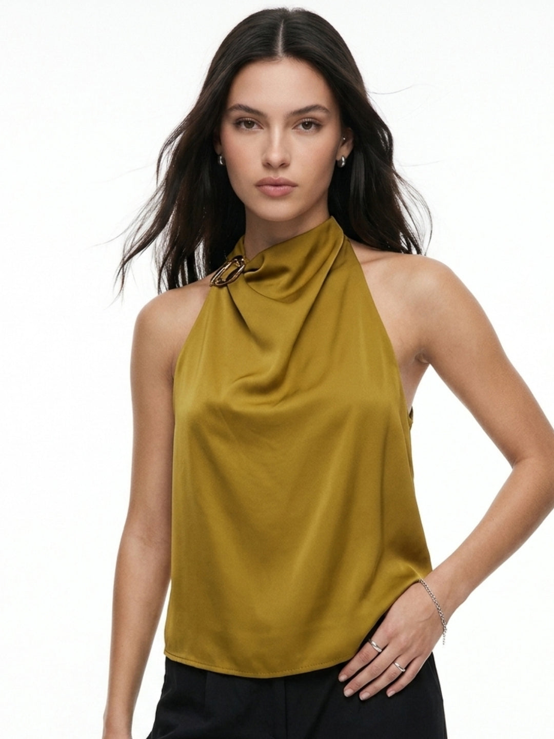 Mustard Halter Neck Buckle Detail Top