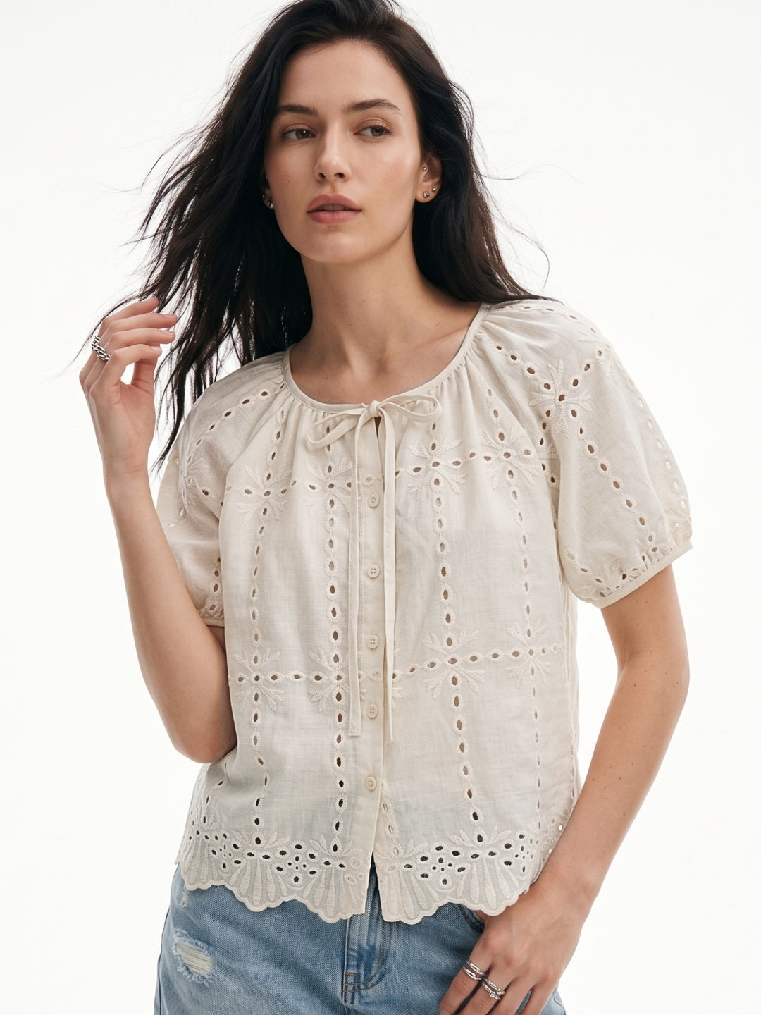 Off White Scallop Hem Front Tie-Up Schiffli Top