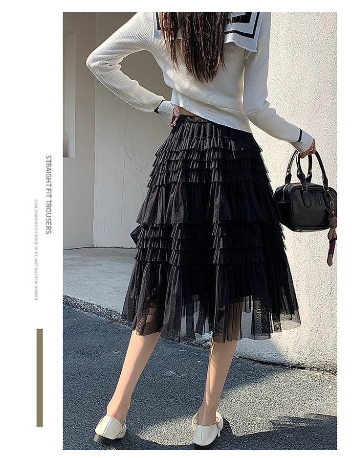 Black Sheer Tiered Midi Skirt