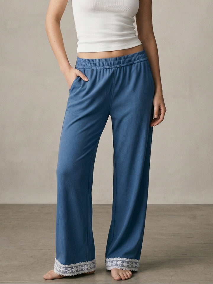 Blue High Waist Lace Hem Pant