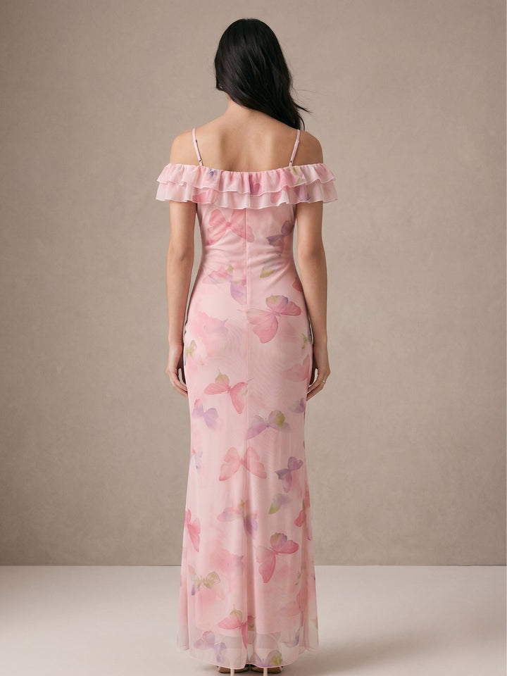 Pink Ruffled Off-Shoulder Printed Dress