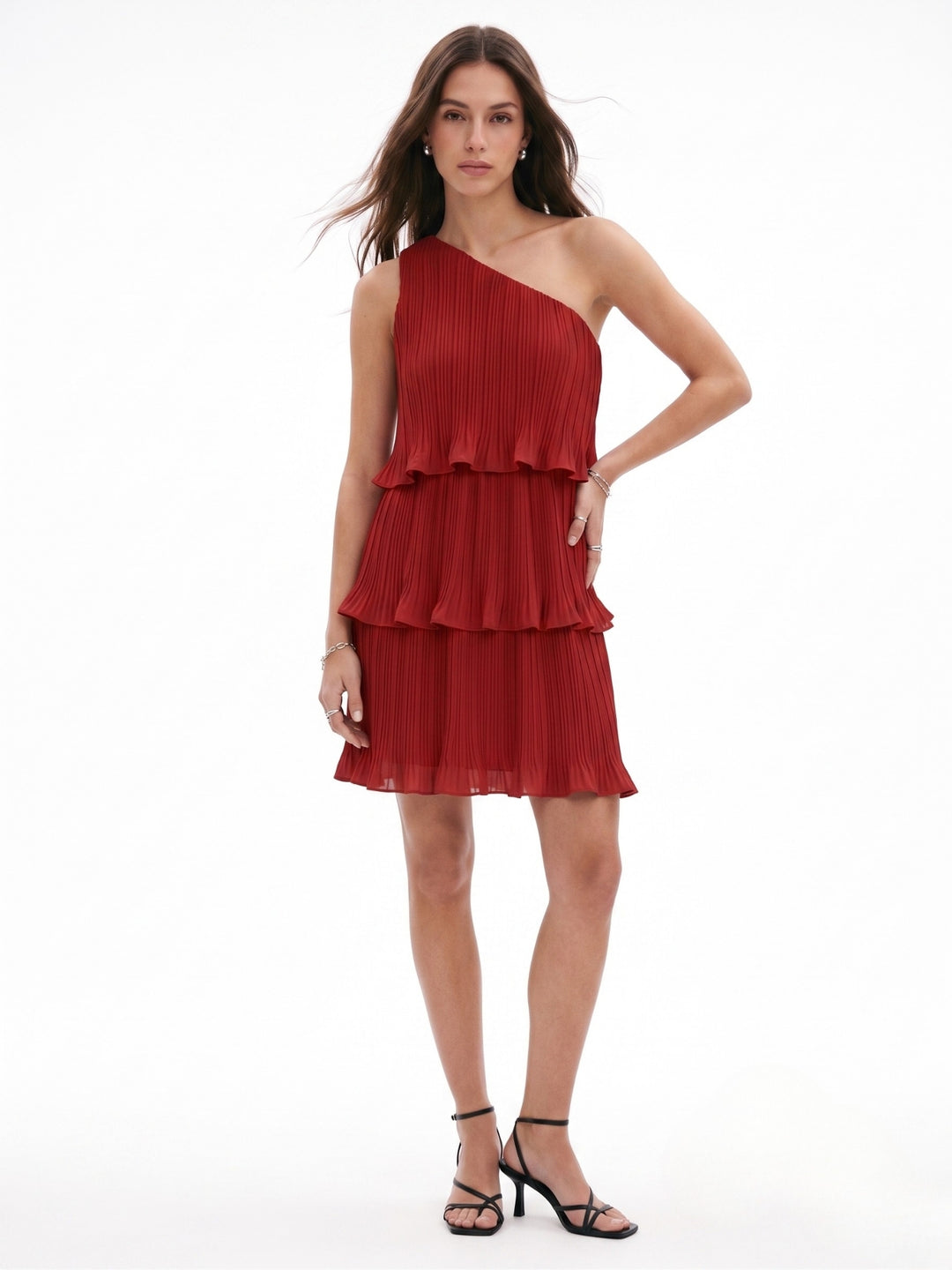 Red One Shoulder Three Tiered Pleated Dress