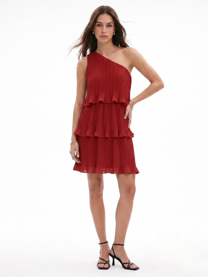 Red One Shoulder Three Tiered Pleated Dress