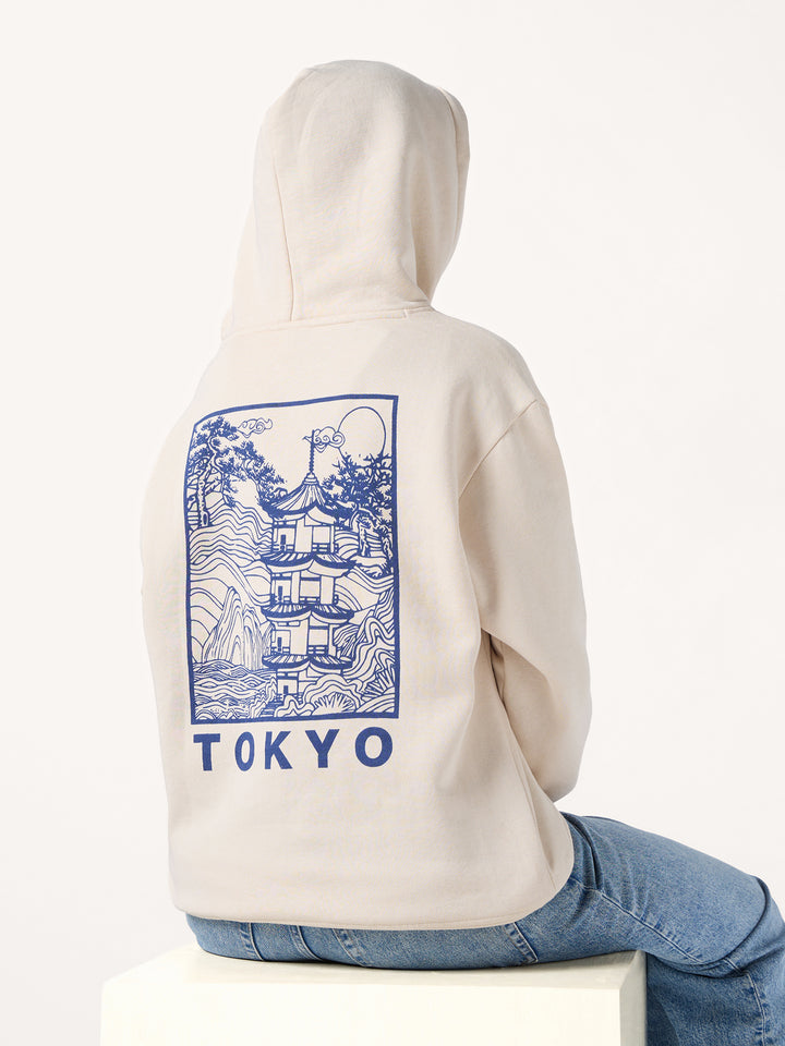 Cream Back Tokyo Graphic Russian Fleece Hooded Sweatshirt