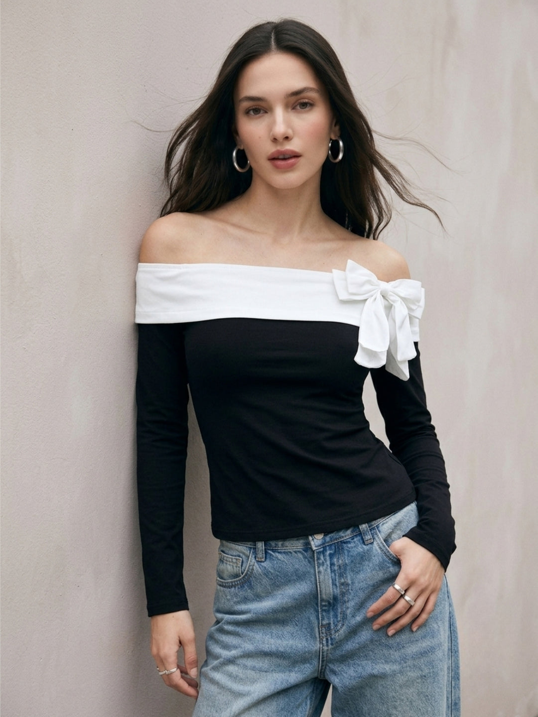 Black Off-Shoulder Fitted Top With Contrast Bow Detail