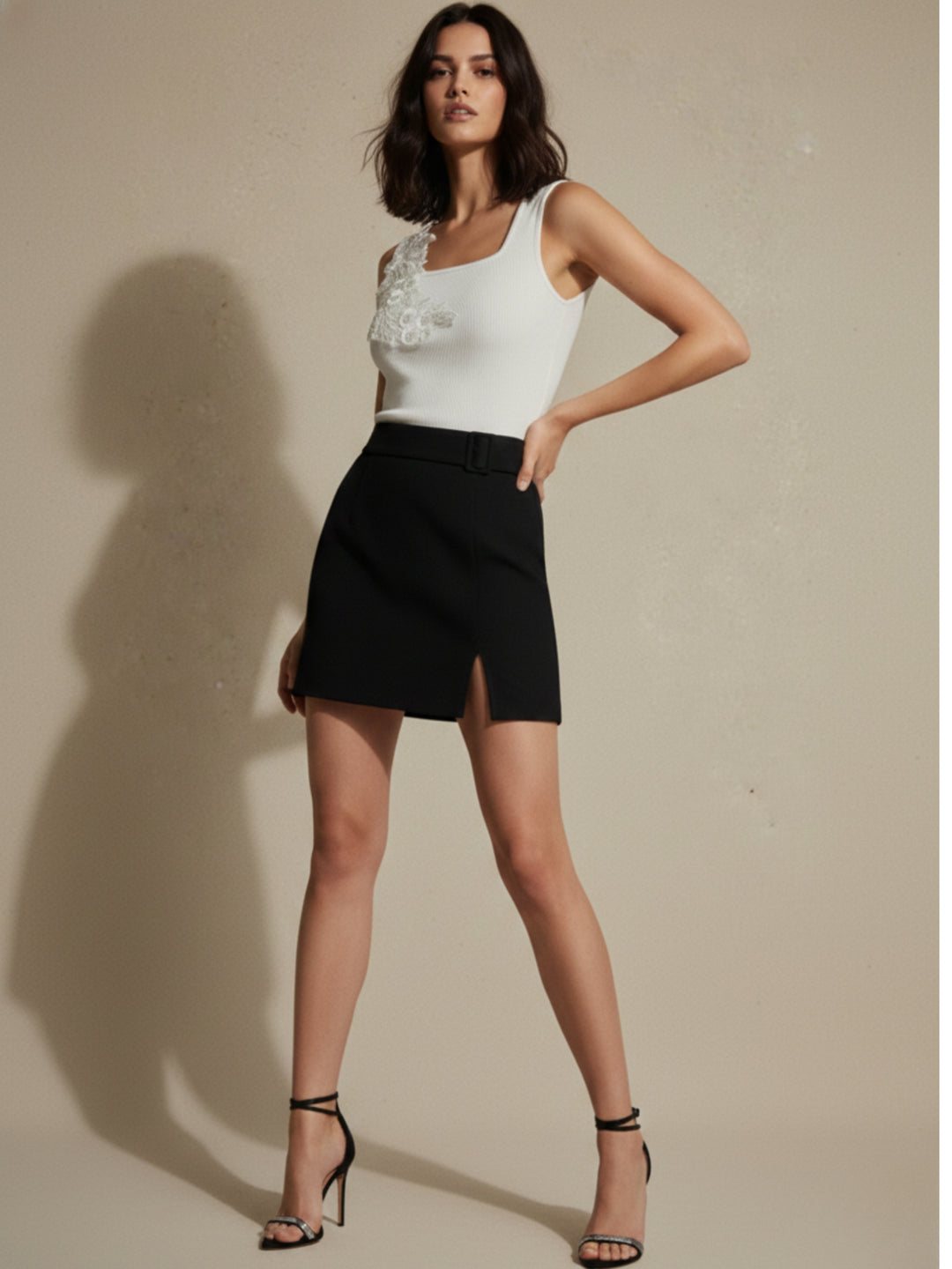 White Square Neck Tank Top With Rosette Detail