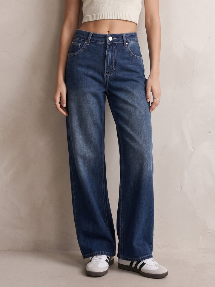 Navy Blue Solid Wide Leg Jeans
