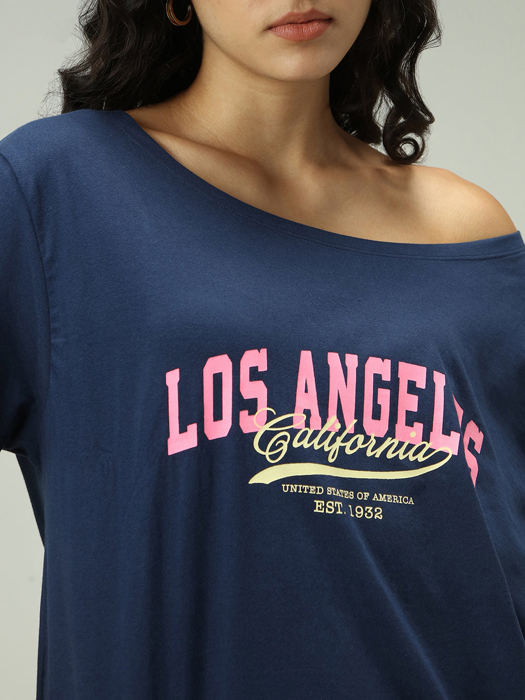 Navy Blue One Shoulder Graphic T-Shirt