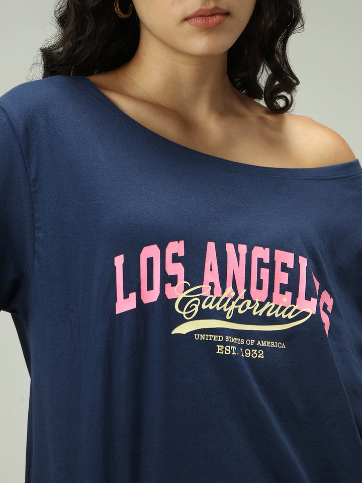 Navy Blue One Shoulder Graphic T-Shirt